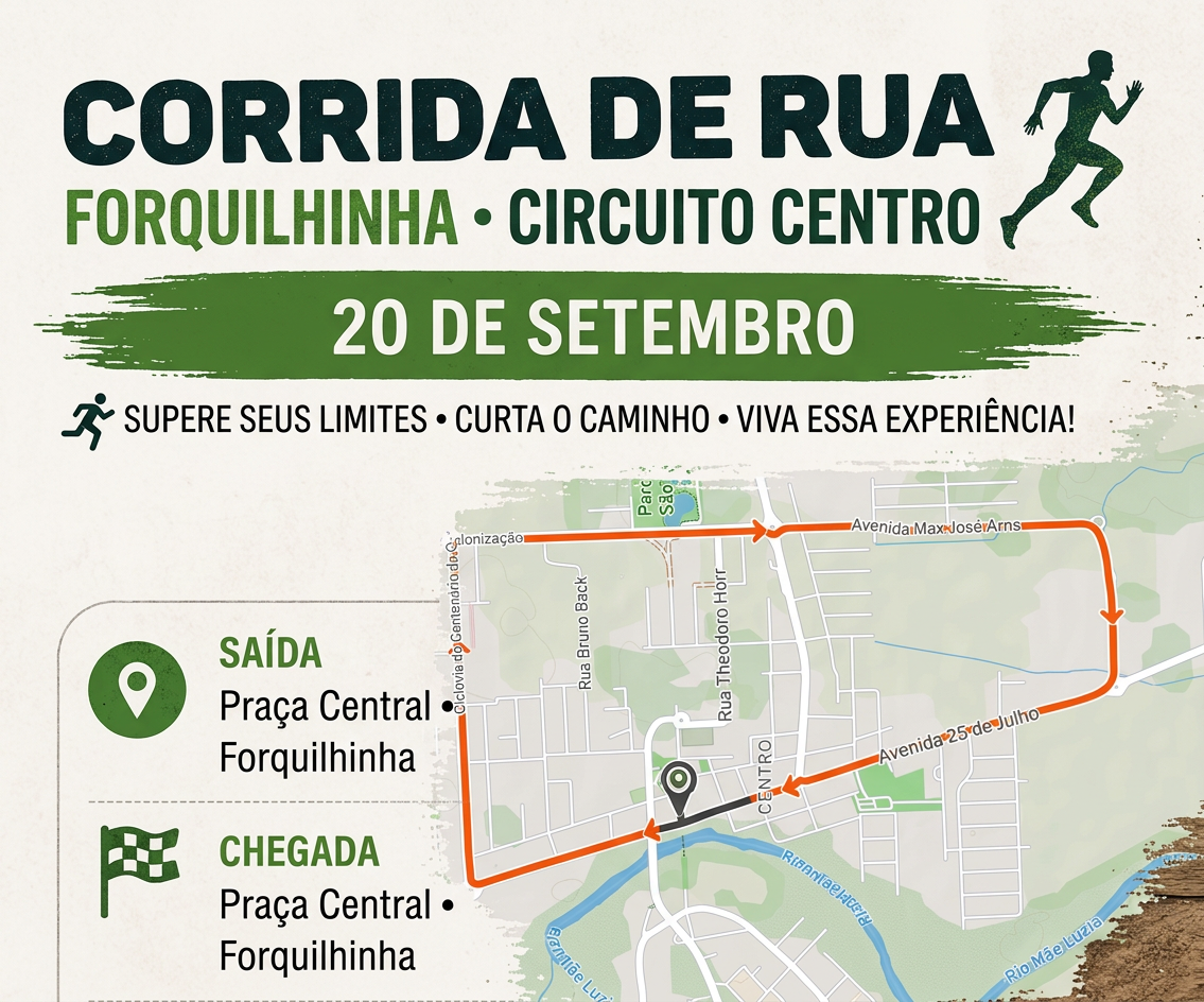 Mapa do percurso da Corrida — 5 km, com largada em Forquilhinha.