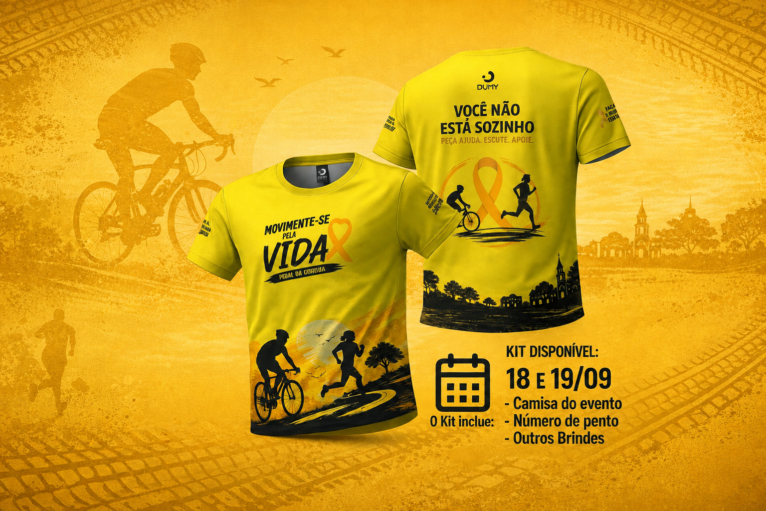 Kit do participante do Movimente-se pela Vida: camiseta do evento e número de peito.