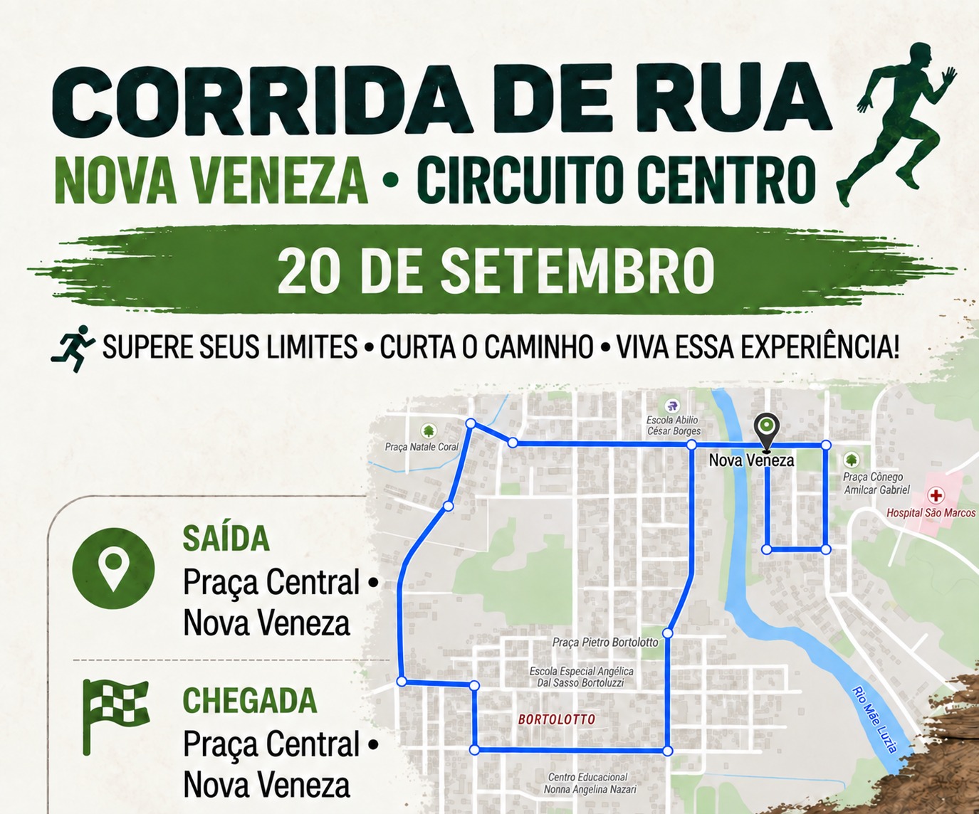 Mapa do percurso da Corrida — 5 km, com largada em Nova Veneza.